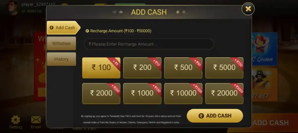 Complete Add Cash Process In Teen Patti Clan